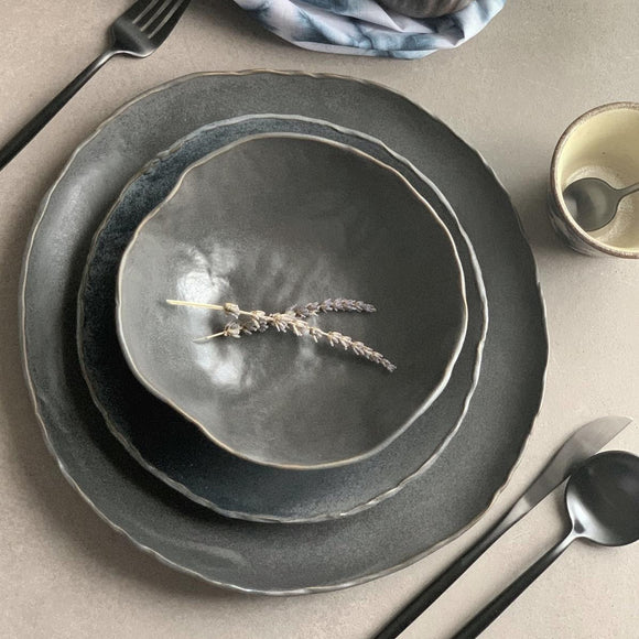 Hand Rolled Dinnerware  - Volcanic Grey with white rim